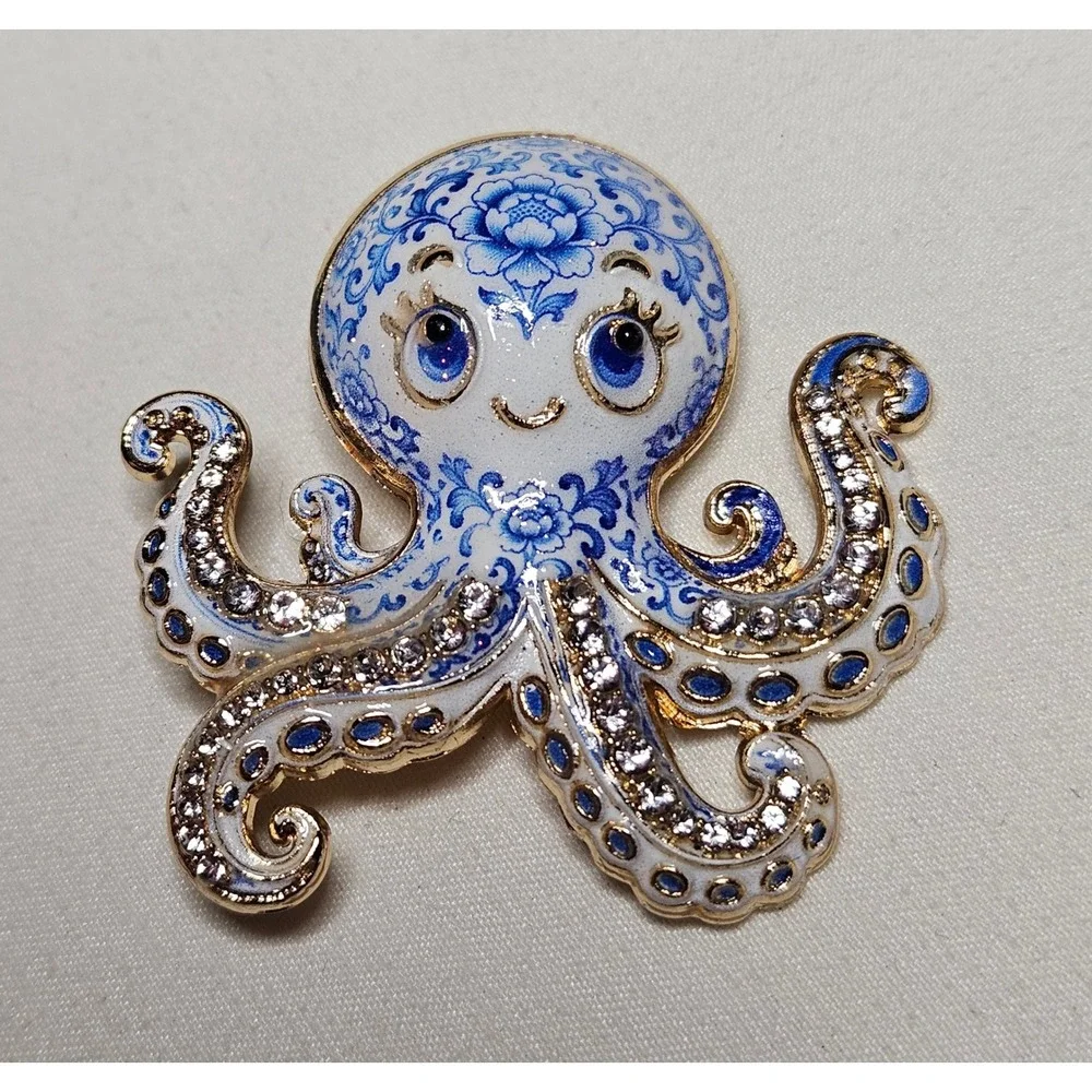 Octopus Brooch Women One Size Blue White Chinoiserie Rhinestone Nautical